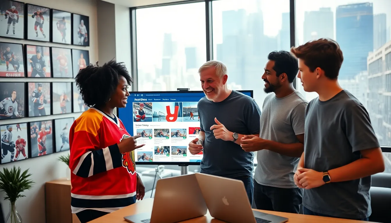 hockey fans discussing stats around a computer in a modern office.