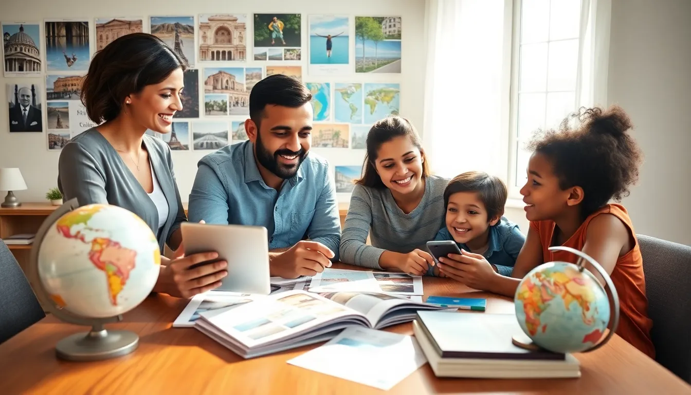 diverse family planning annual trips with travel documents and tablet.