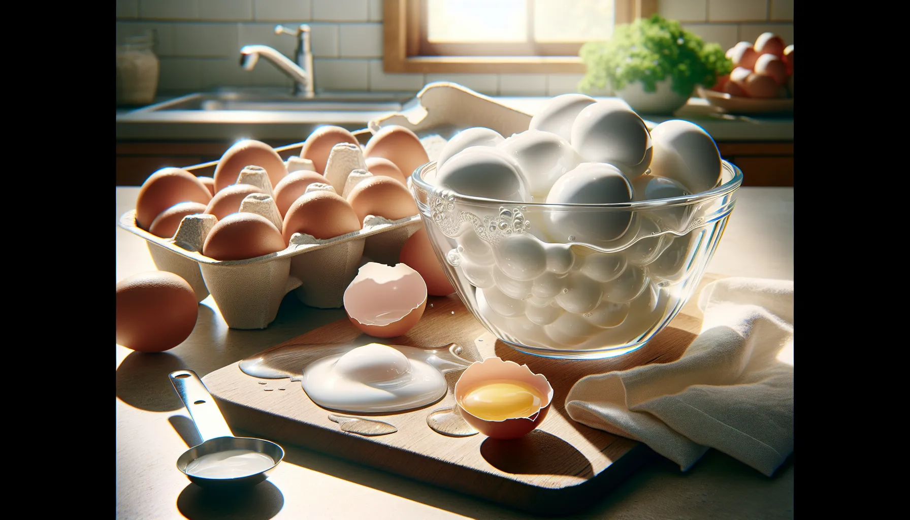 fresh egg whites in a bowl with broken eggshells on a kitchen counter.