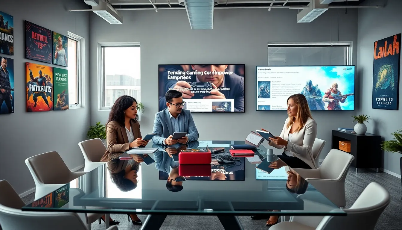 diverse team discussing gaming insights in a modern office.