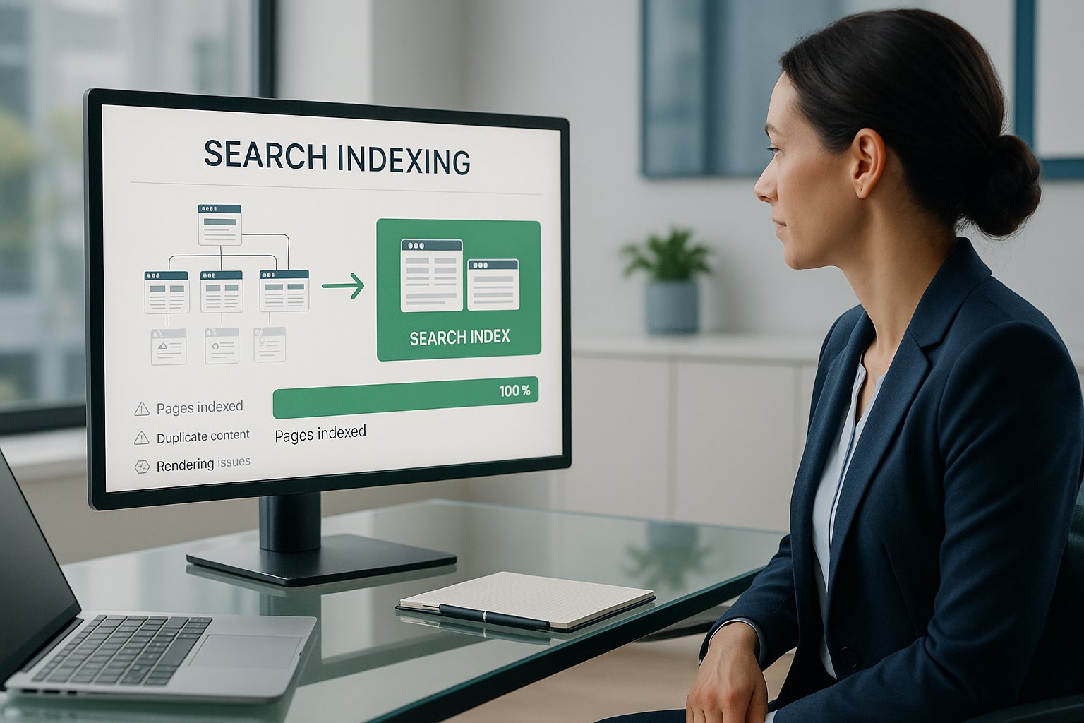 SEO professional reviewing website indexing dashboard in a modern office.