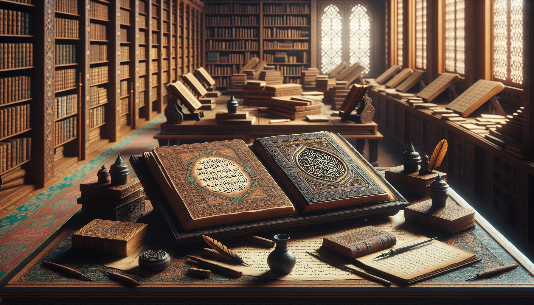 A display comparing ancient Quran and Bible manuscripts in a study room.