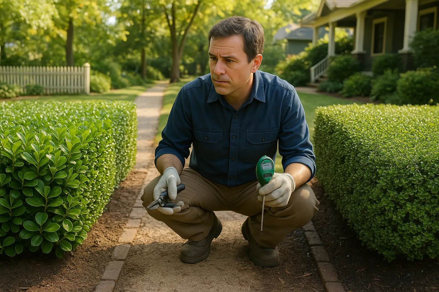 Side-by-side boxwood and Ilex crenata hedges with a gardener comparing them.