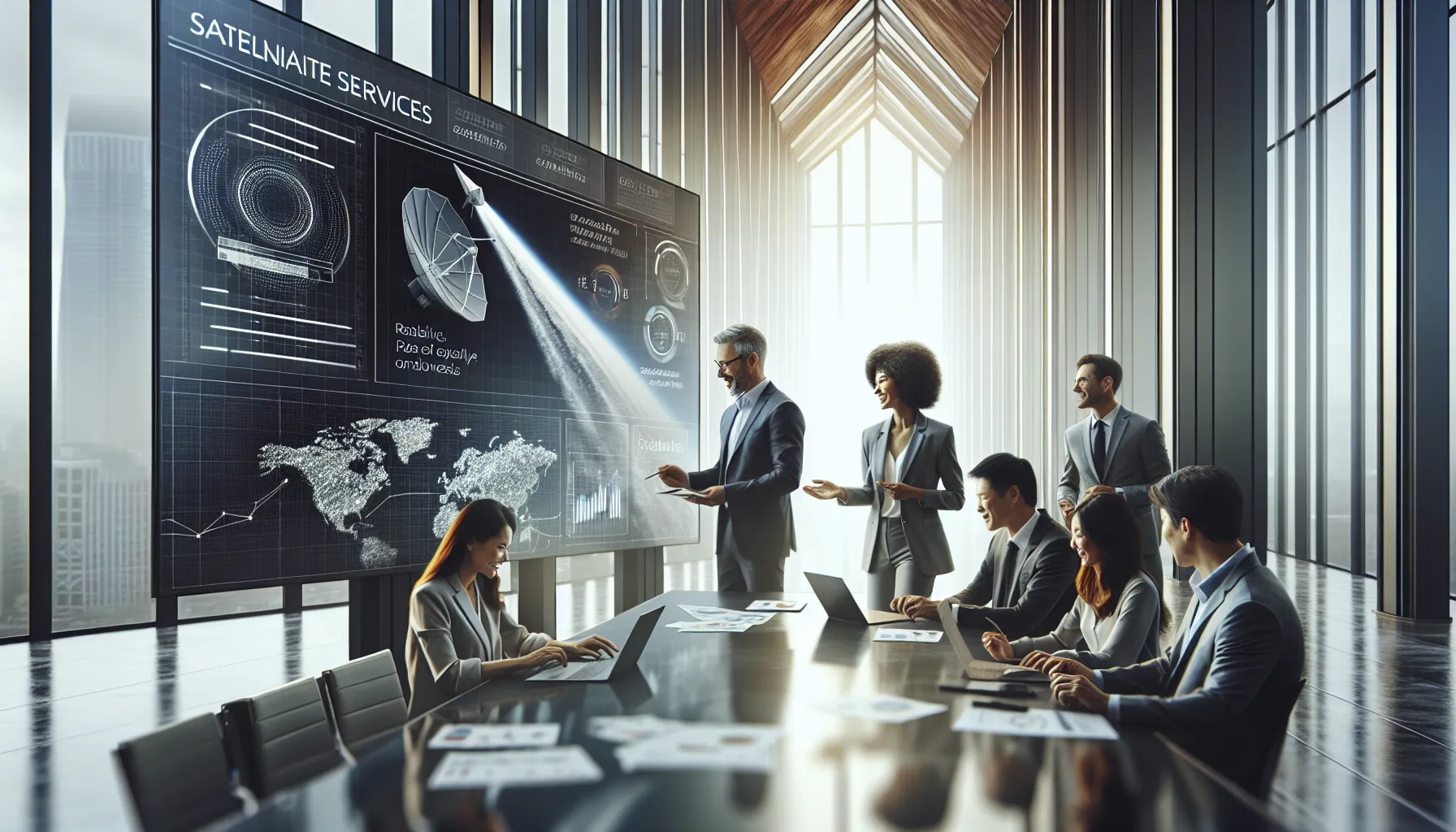 diverse professionals discussing Earthlink Satellite features in a modern office.