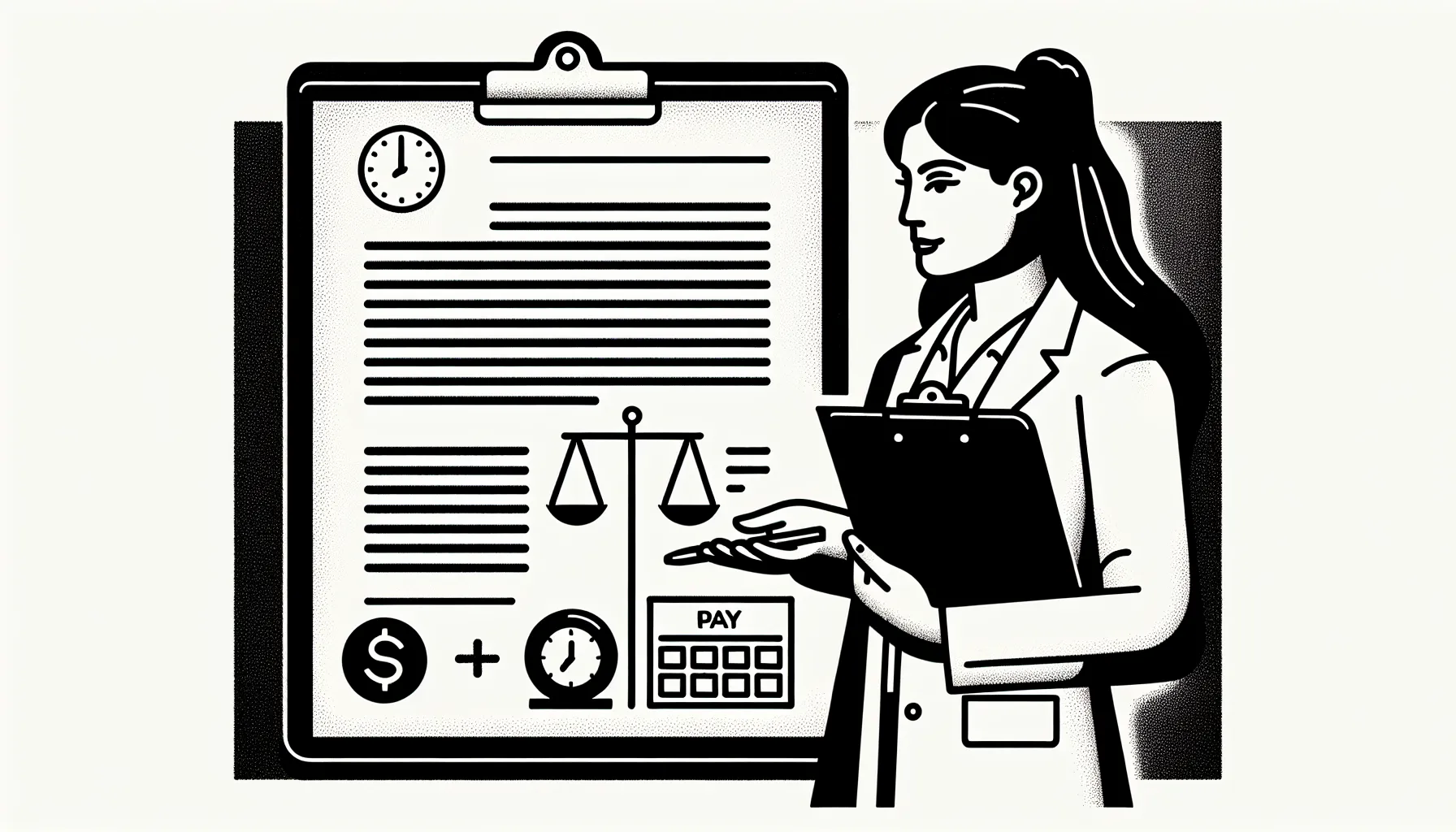 Veterinarian pointing to a contract with PTO calendar and scales showing time versus pay of Veterinary PTO And Benefits Guide.