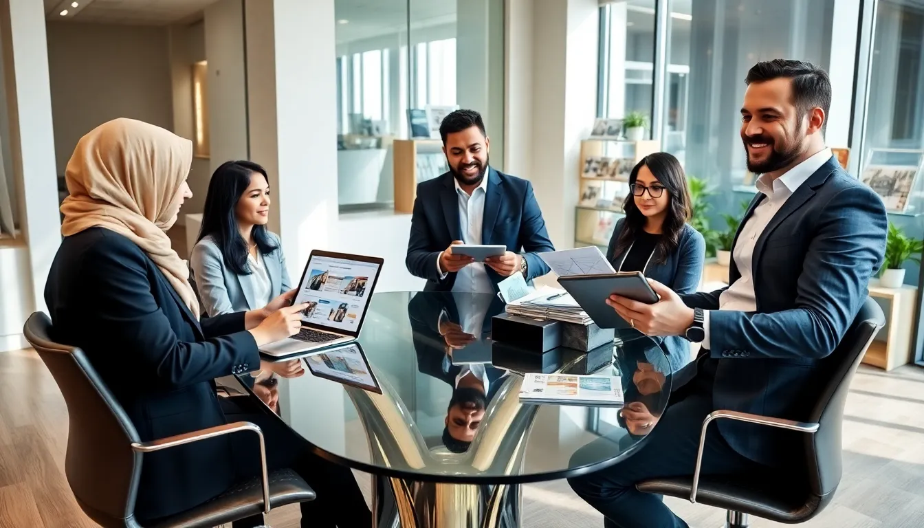 diverse team collaborating in a modern real estate office.