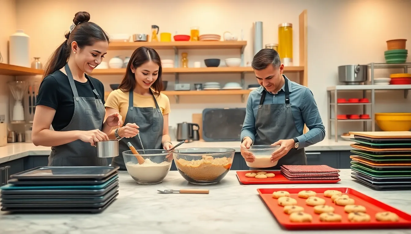 diverse team using essential baking tools in a modern kitchen.