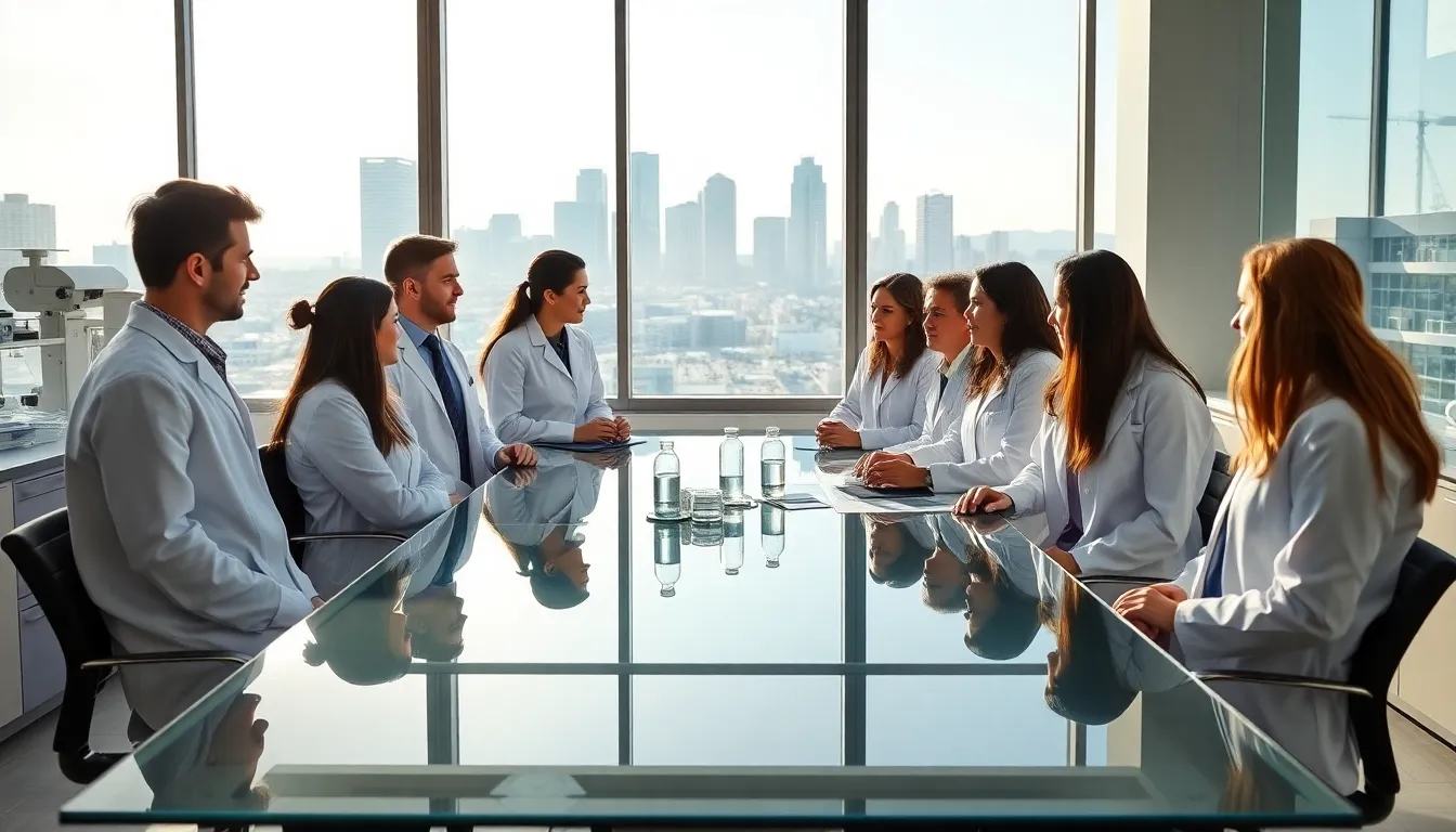 diverse biotech professionals collaborating in a modern laboratory.