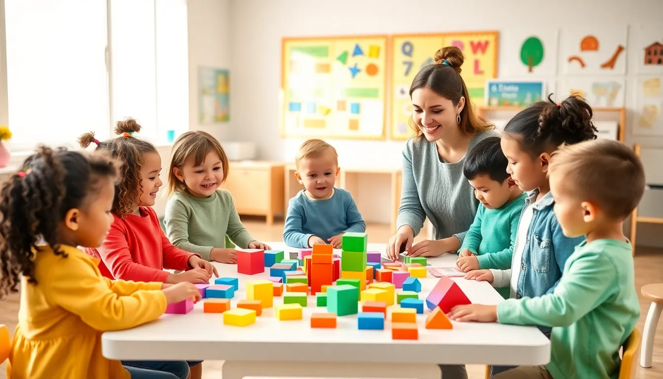 preschoolers learning shapes through interactive play in a colorful classroom.