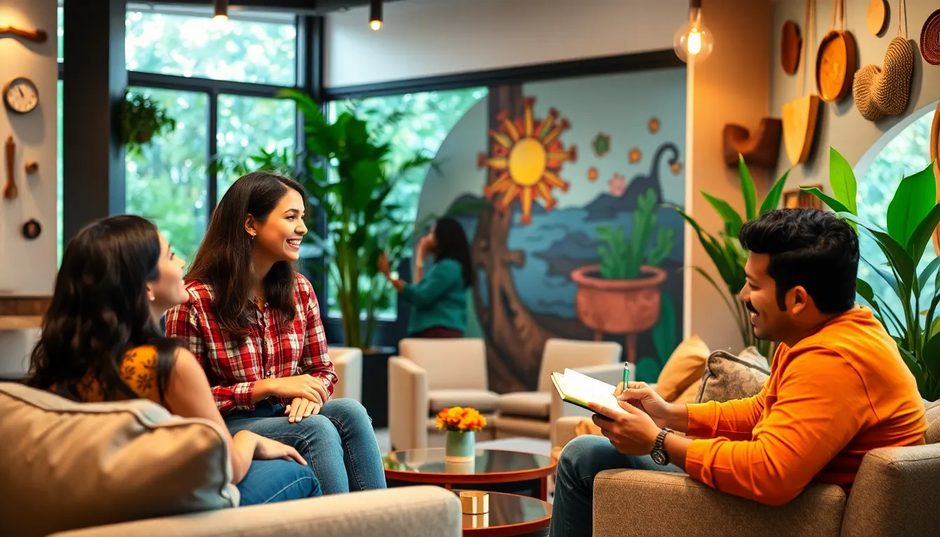 diverse group discussing and creating in a vibrant community space.
