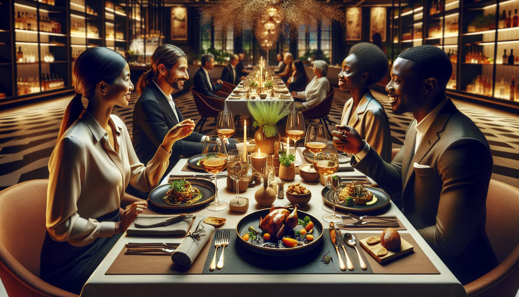 diverse group enjoying European cuisine at a modern dining table.