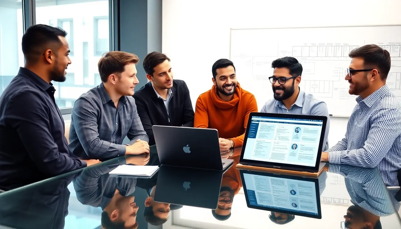 diverse team collaborating on software development documentation in a modern office.