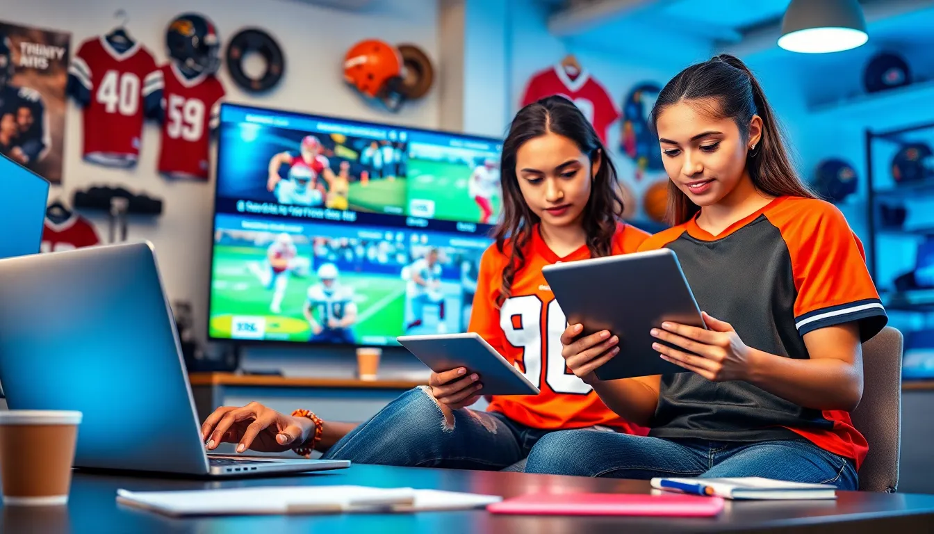 a diverse group analyzing sports articles in a modern office space.