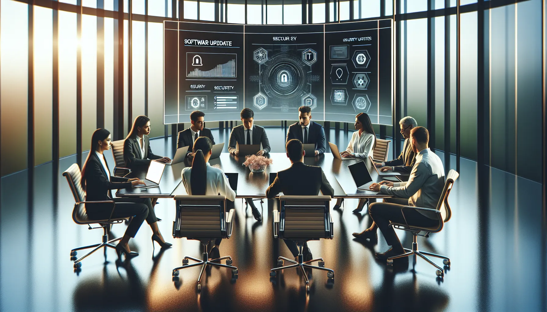 IT professionals discussing software updates in a modern office.