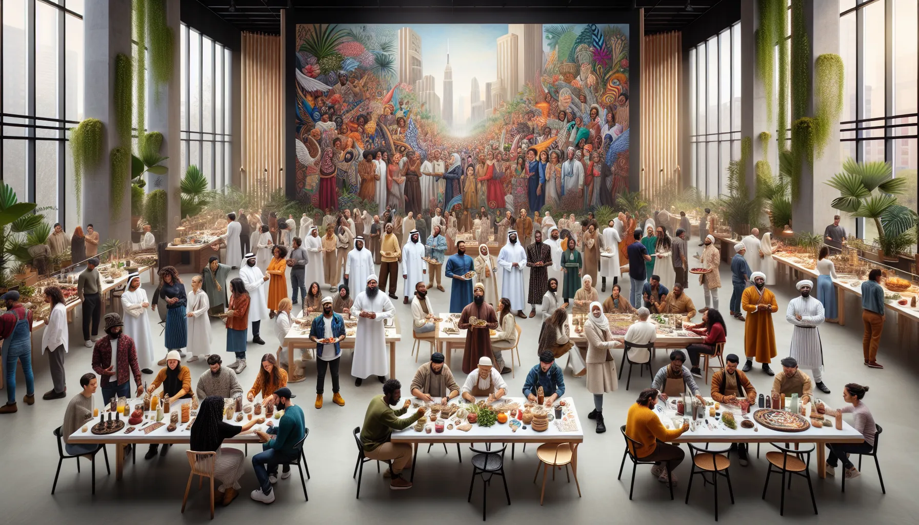 diverse community members creating art together in a modern setting.