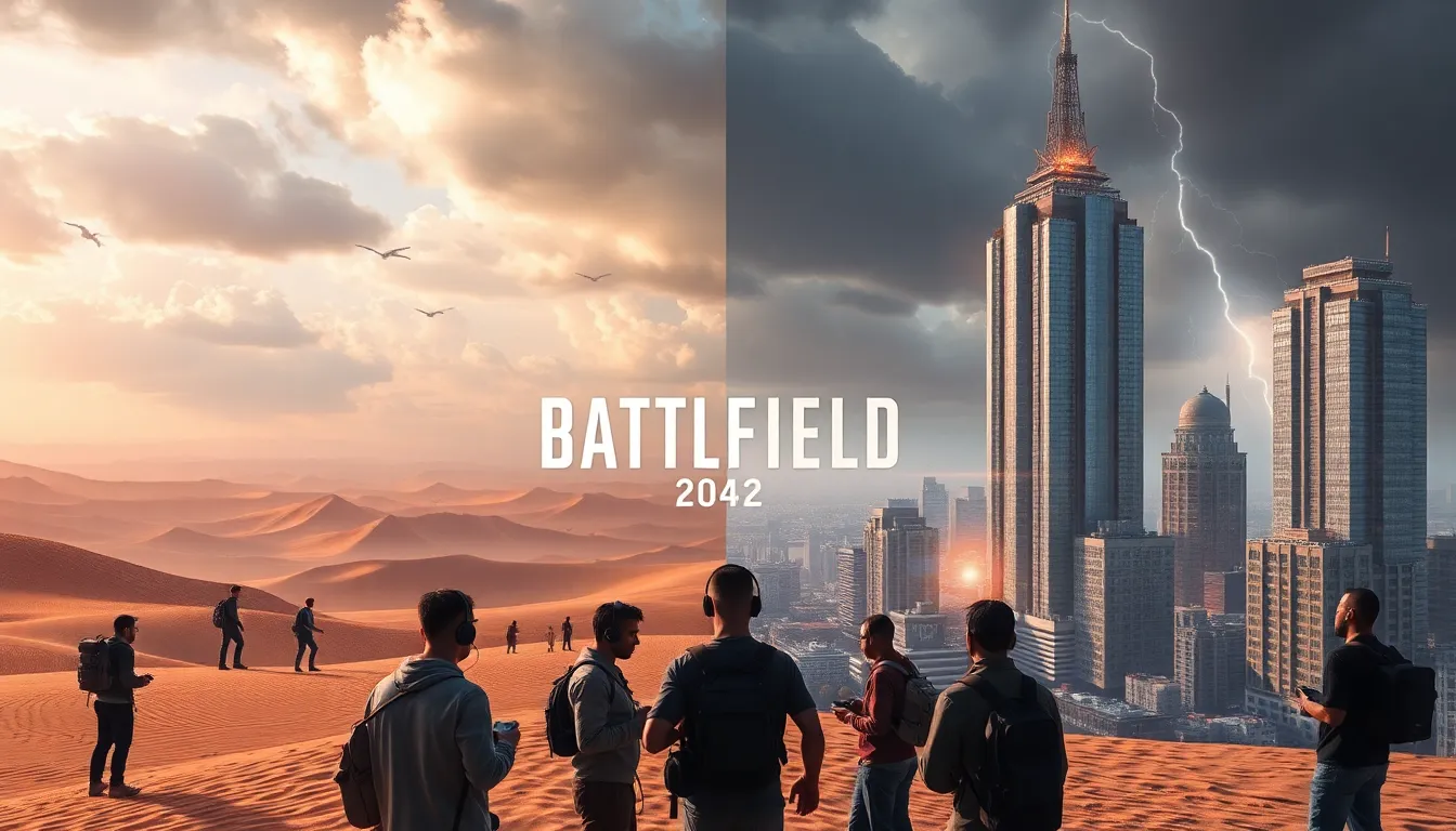 gamers discussing strategies with Battlefield 2042 maps in the background.