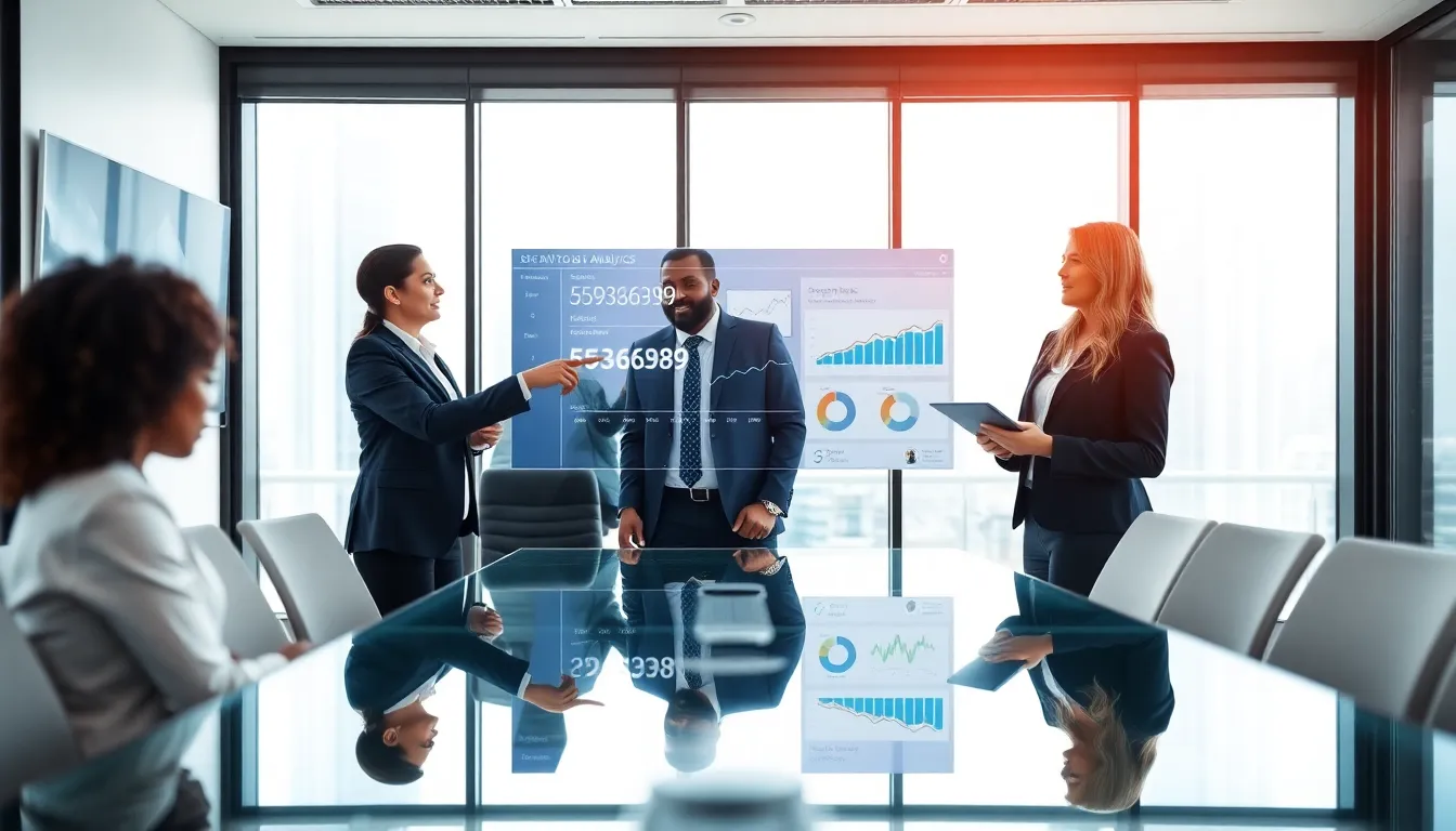 diverse team analyzing data in a modern office.