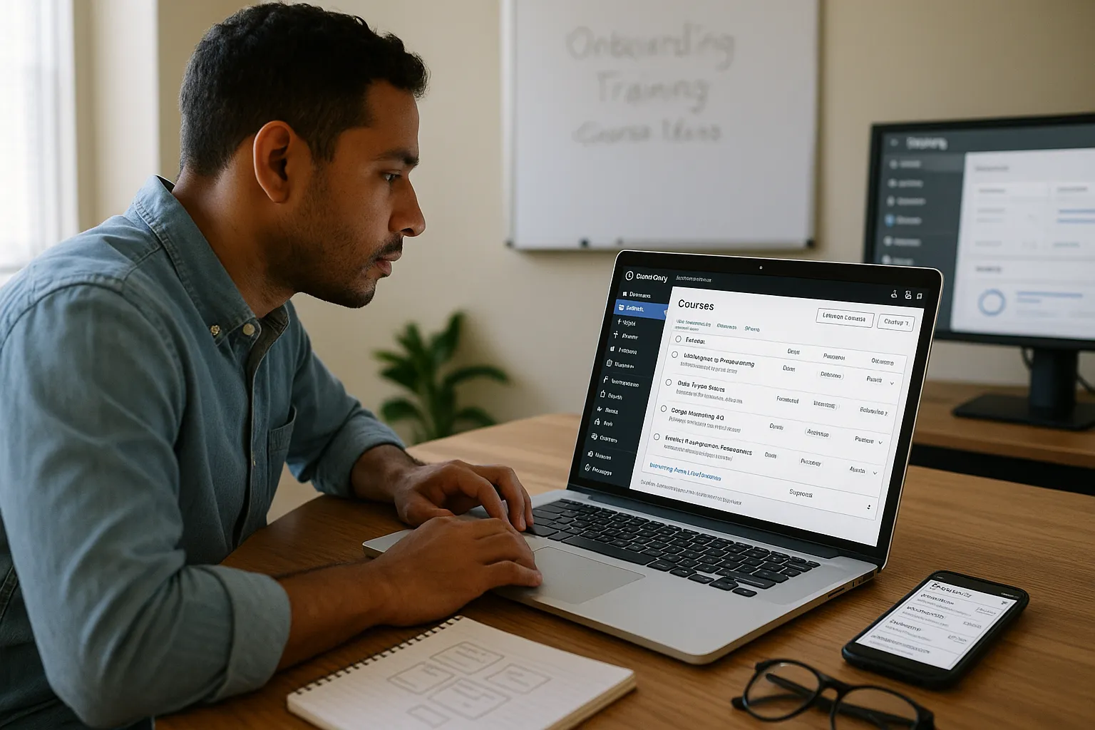 7 Best Learning Management Systems For WordPress (And How To Choose The Right One) 6 Professional using a simple WordPress LMS course catalog on a laptop in an office.