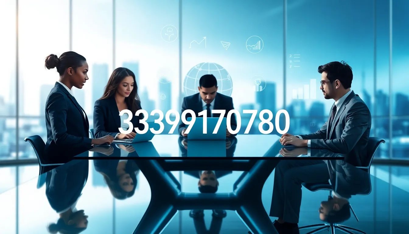 Digital display of number 3339170780 with professionals collaborating in a modern office.