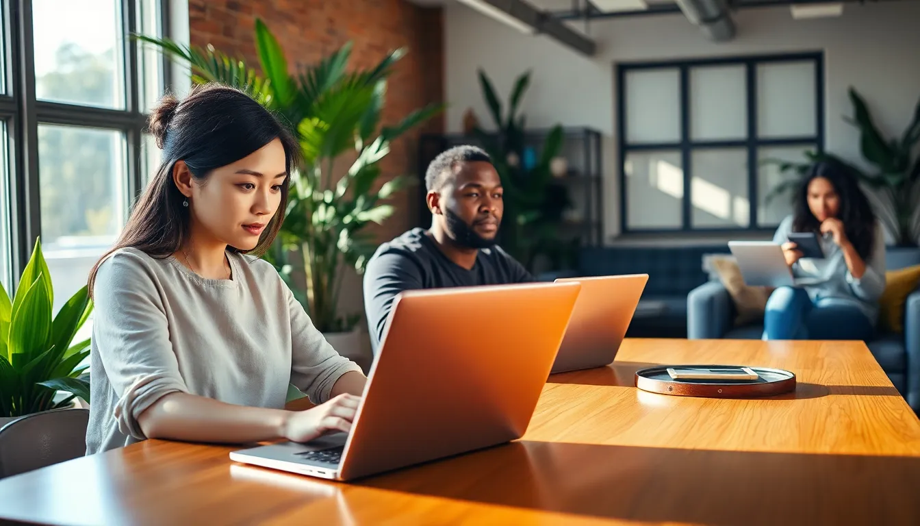 diverse group of digital nomads working in a modern co-working space.