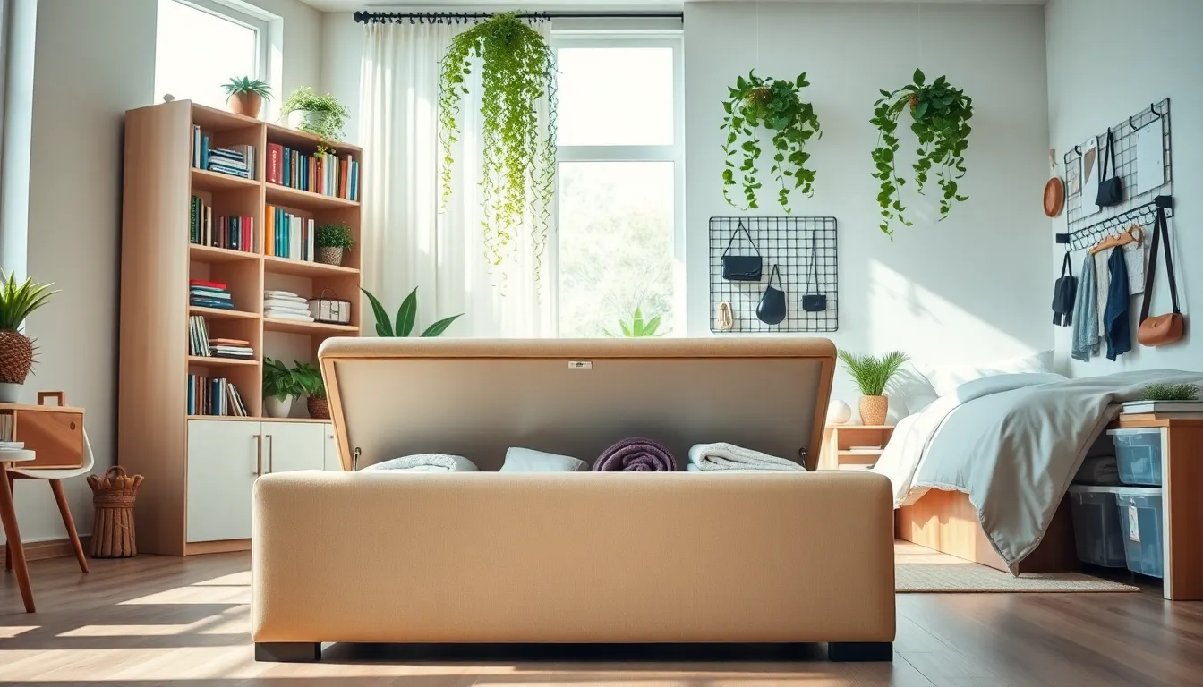 a modern living room with innovative storage solutions and decorative elements.