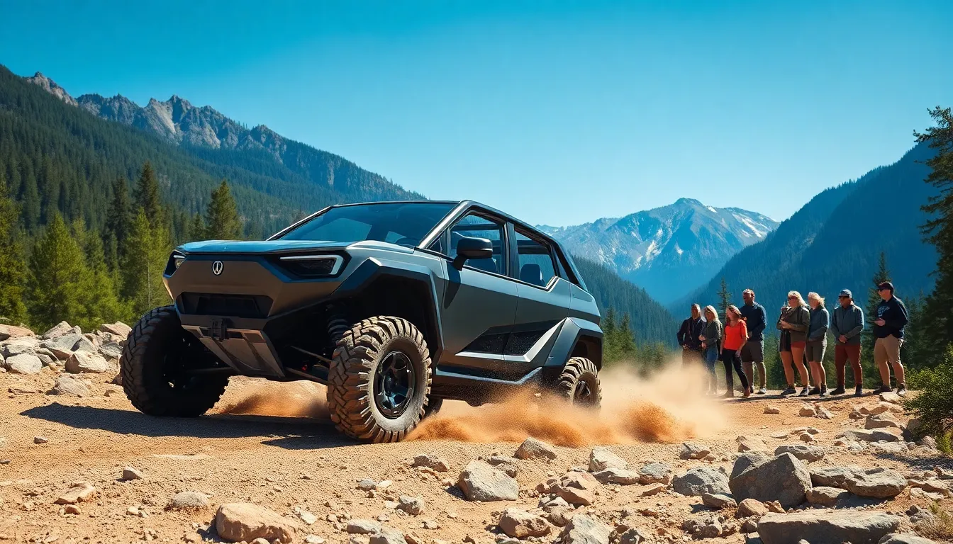 electric off-road vehicle navigating rocky terrain with adventurers observing.