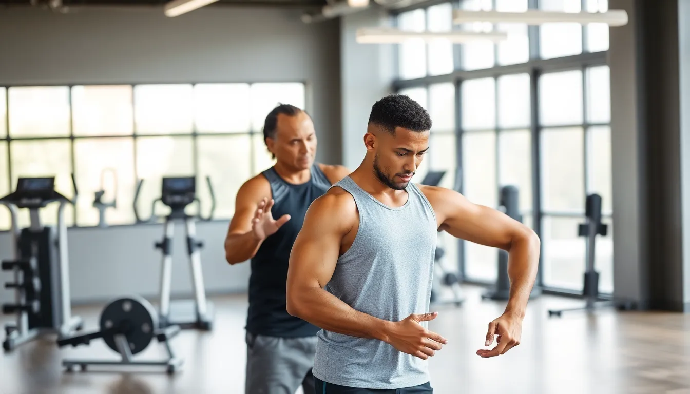 trainer guiding a client through a personalized workout in a gym.