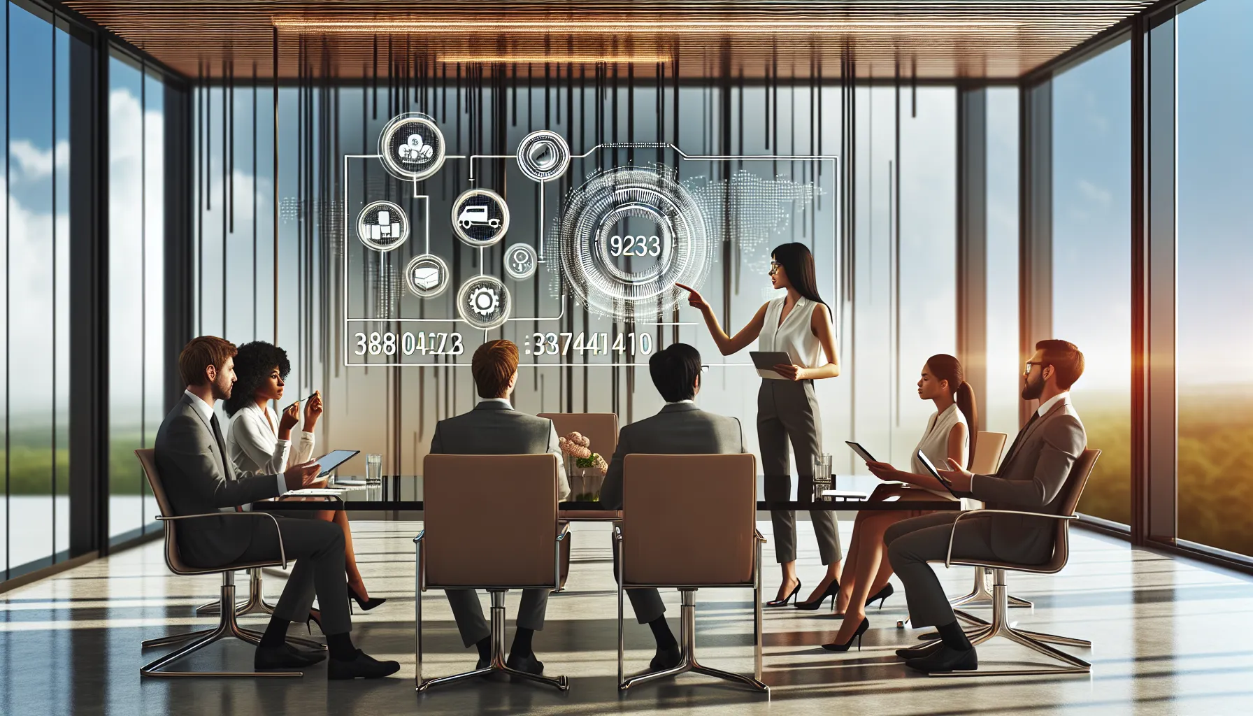 diverse professionals discussing a unique identifier in a modern office.