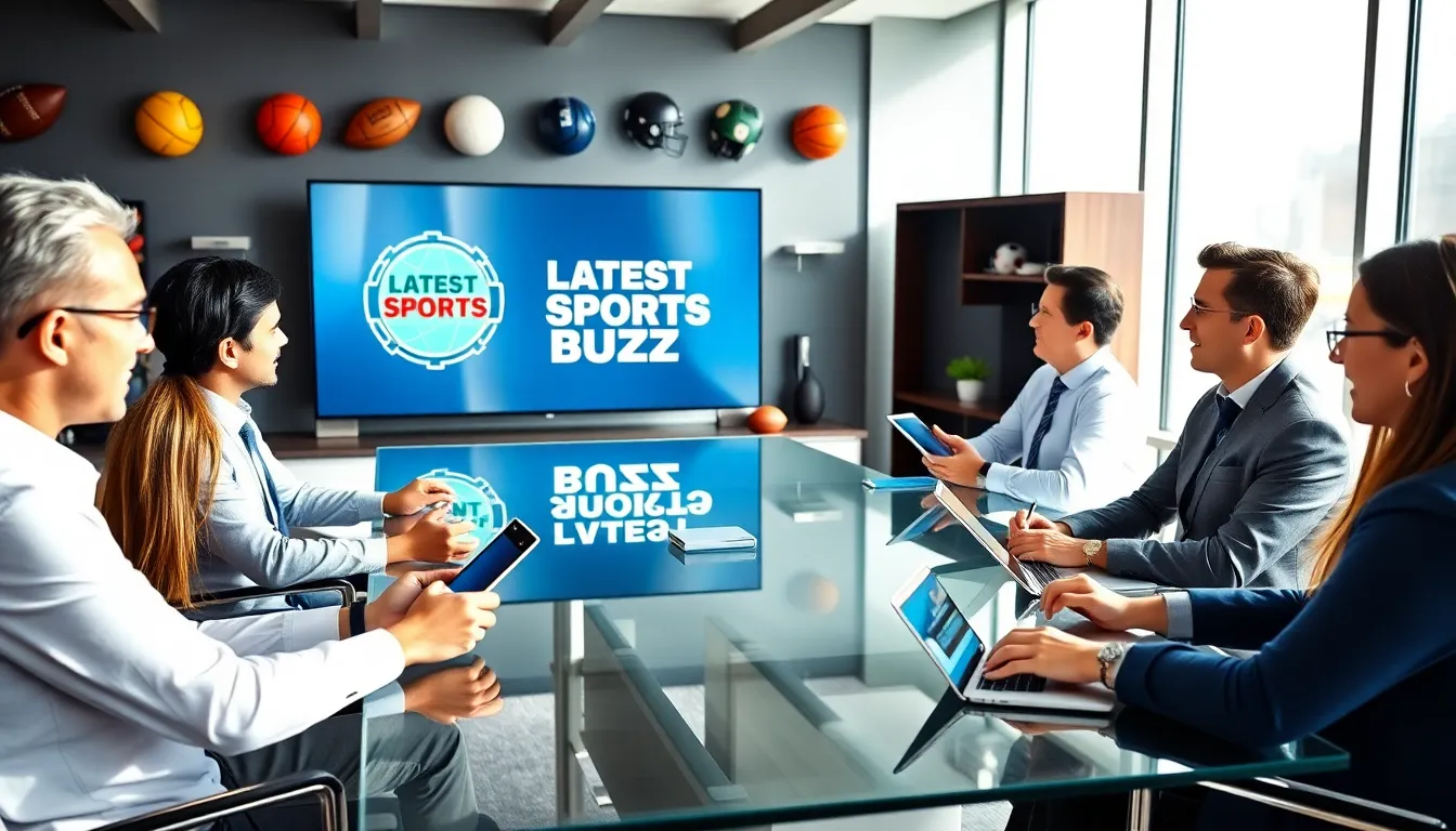diverse team discussing sports news in a modern office.