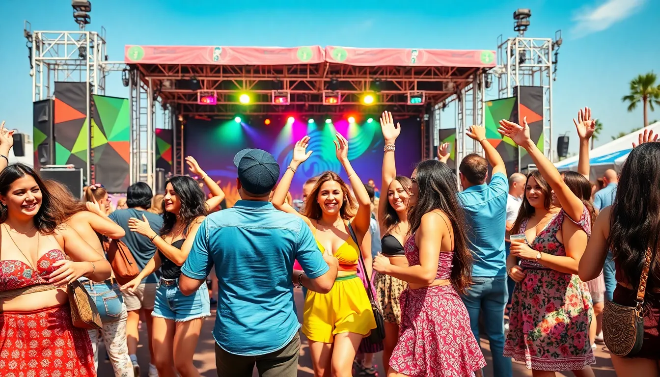 diverse group dancing at an outdoor music festival.