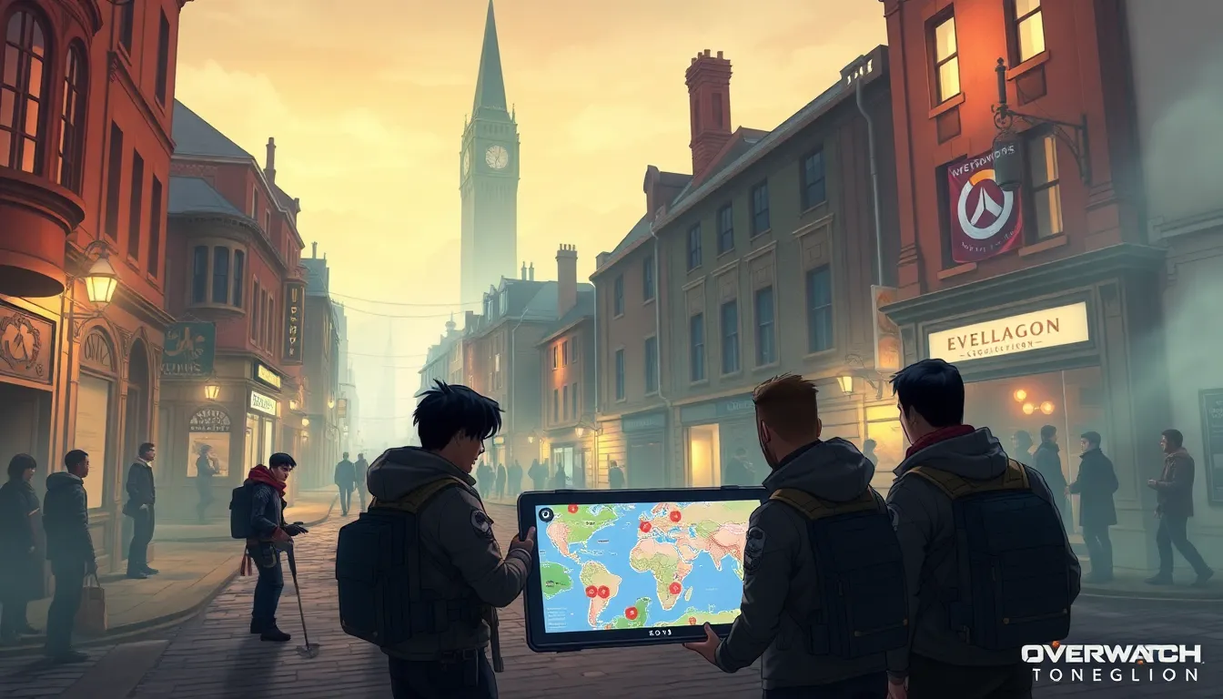 Players strategizing in the immersive Overwatch map, Kings Row.