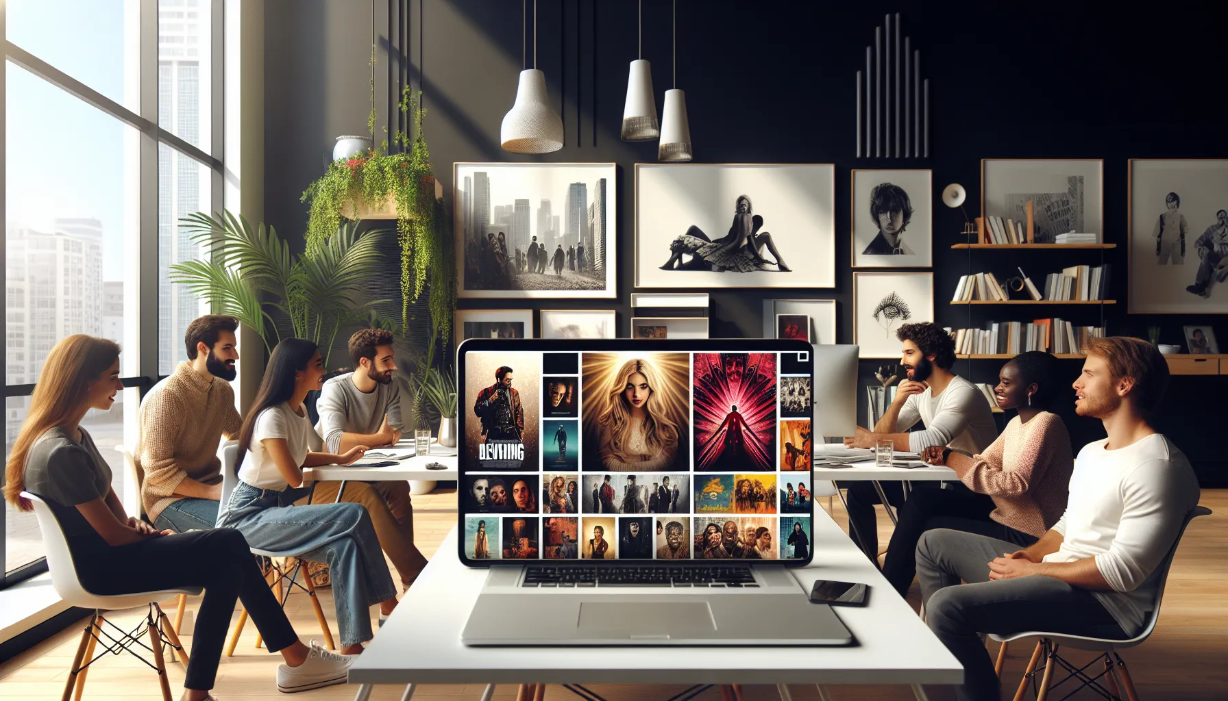 diverse group discussing movies around a laptop in a modern workspace.