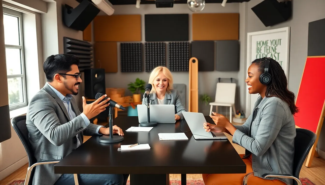 diverse group recording a home improvement podcast in a modern studio