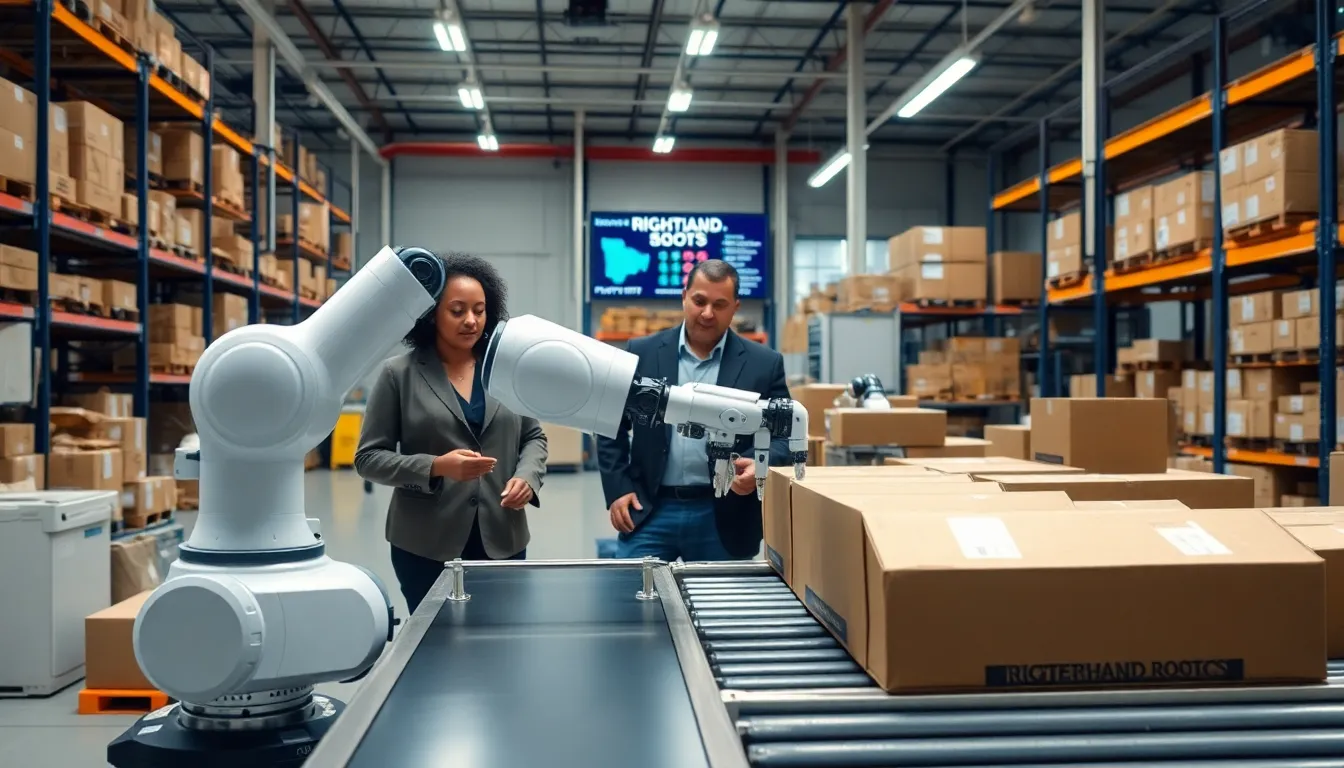 advanced robotics assisting staff in a modern warehouse setting.