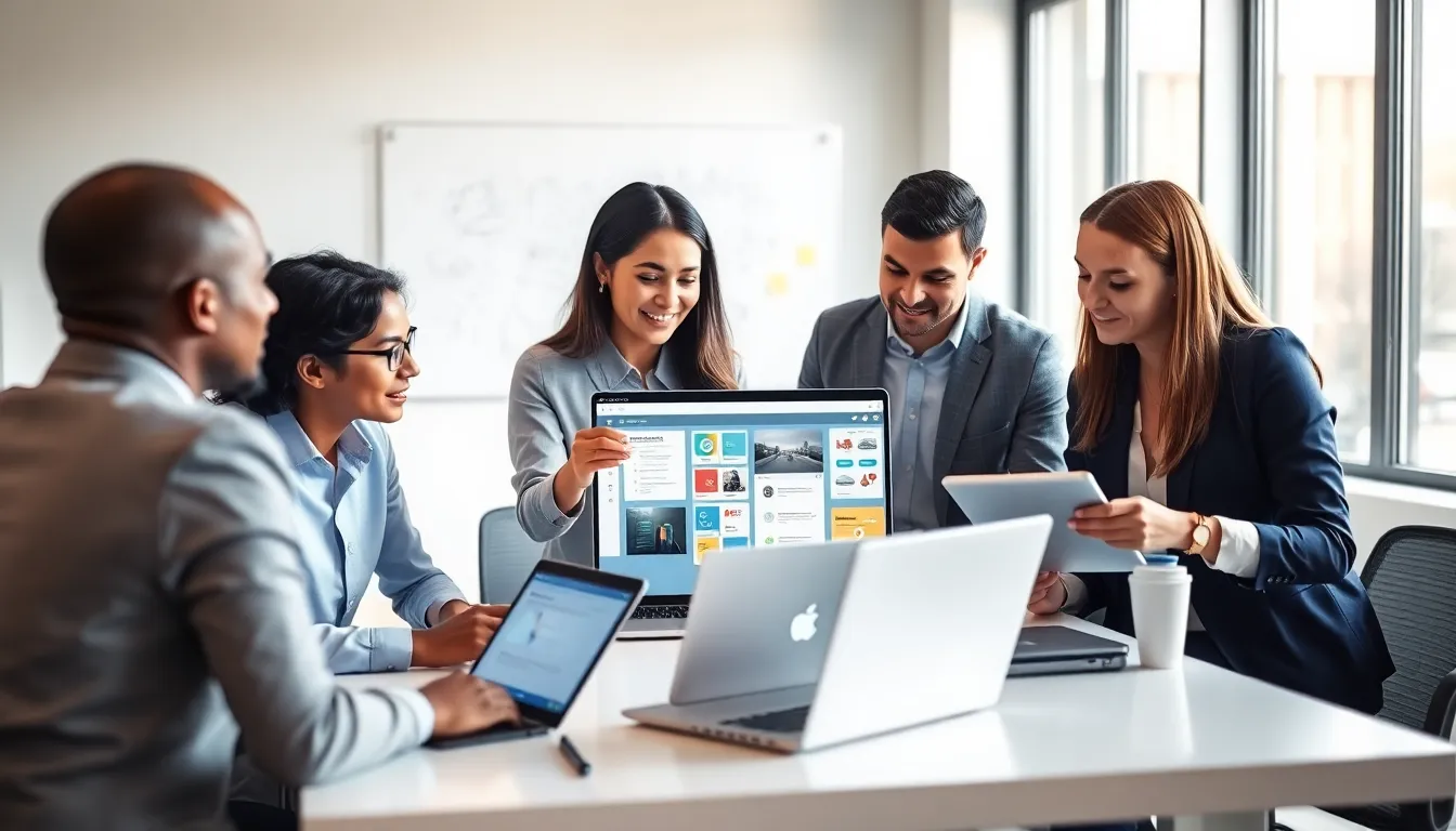 professionals collaborating on Bubble Software in a modern office.