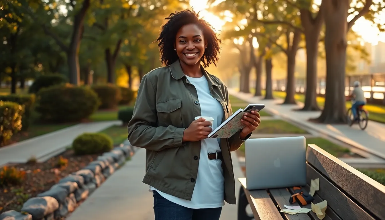 Person discovering a hidden park path, notebook and laptop on nearby bench.