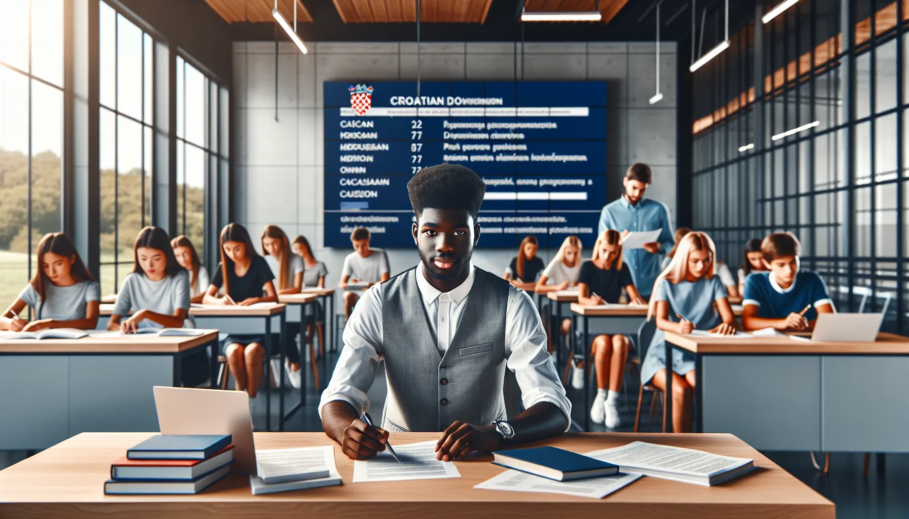 Croatian students reviewing school admission documents in modern classroom setting