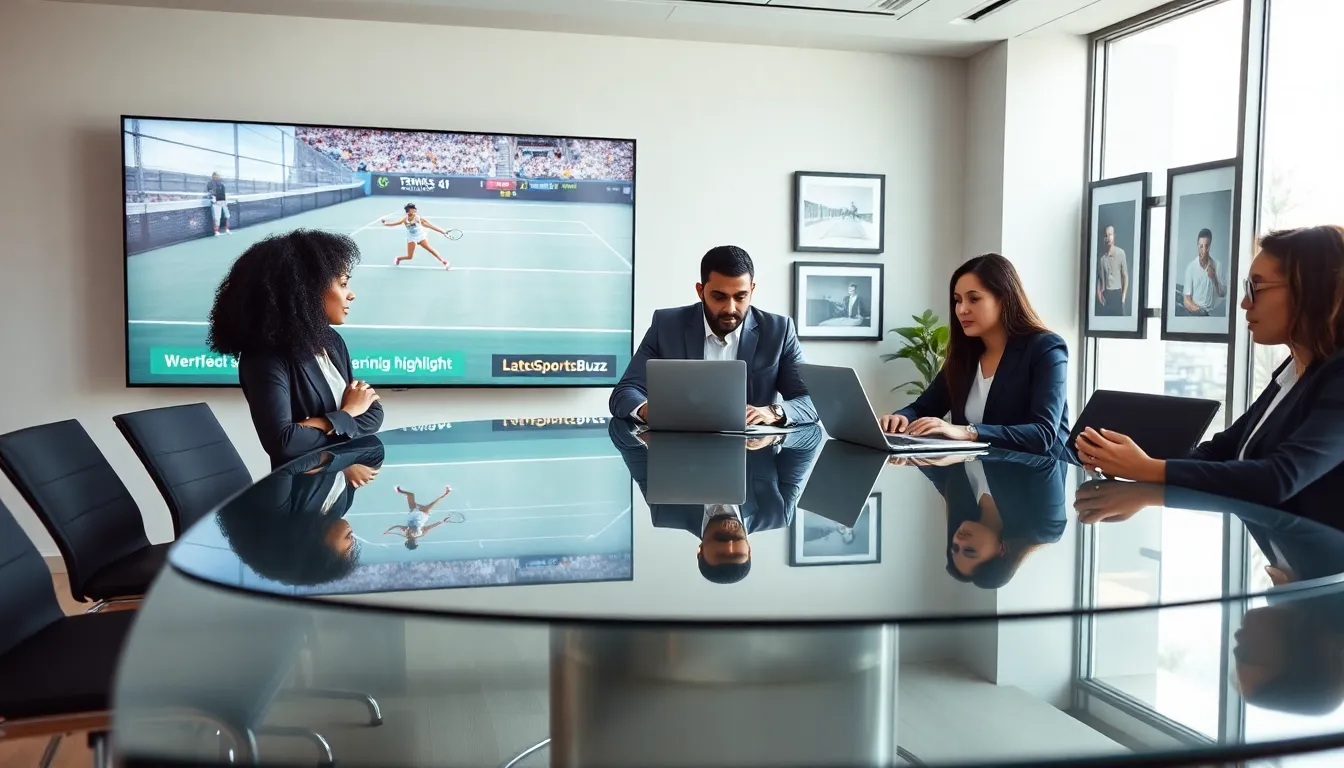 diverse team discussing tennis coverage in a modern news office.
