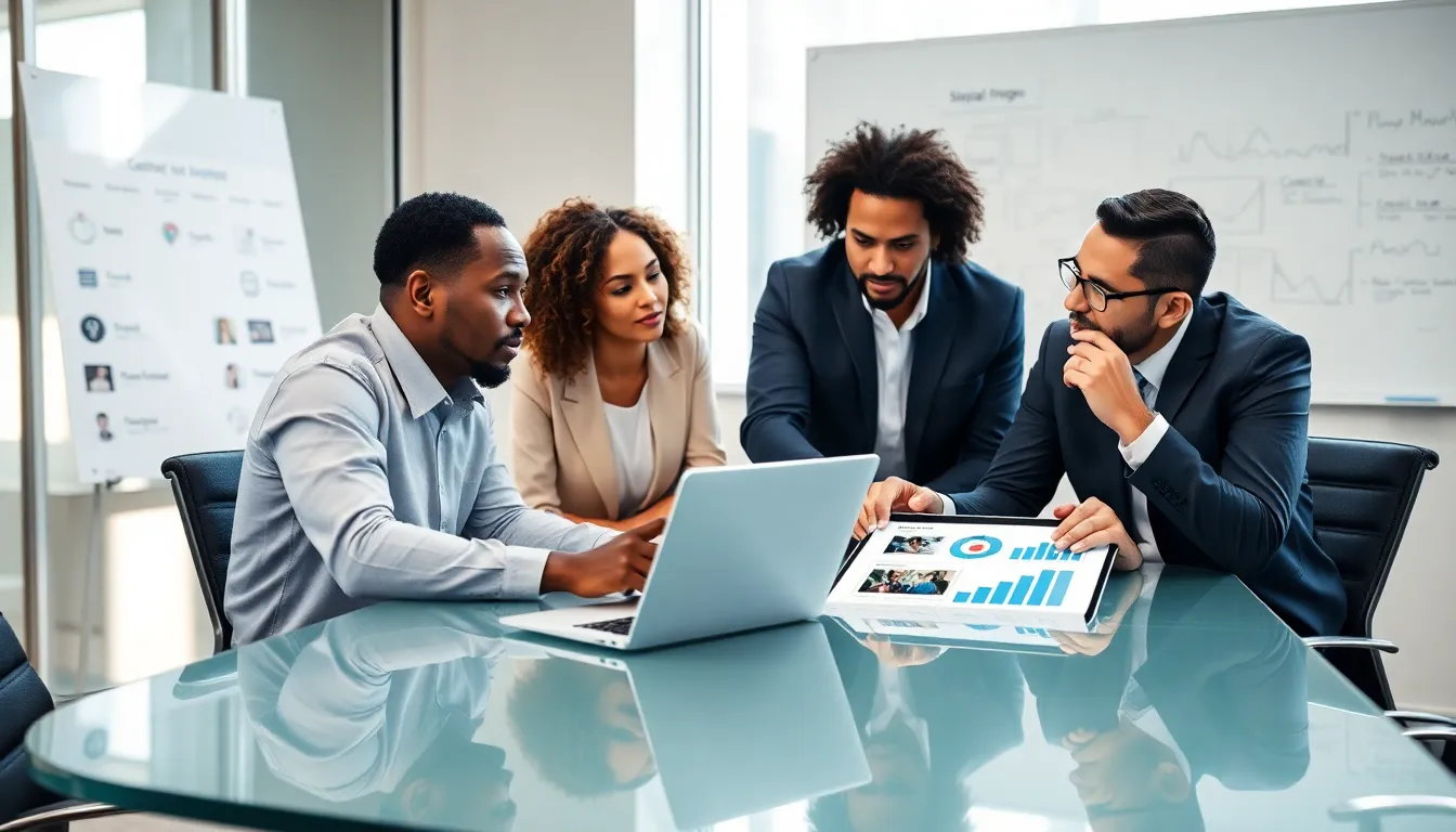 team discussing social media marketing strategies in a modern office.