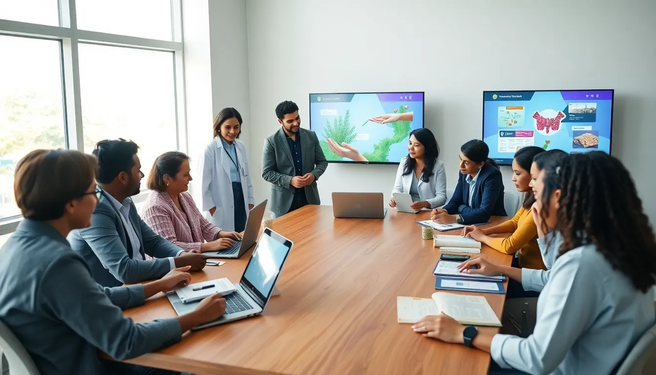diverse wellness professionals discussing Tineoguffe in a modern conference room.