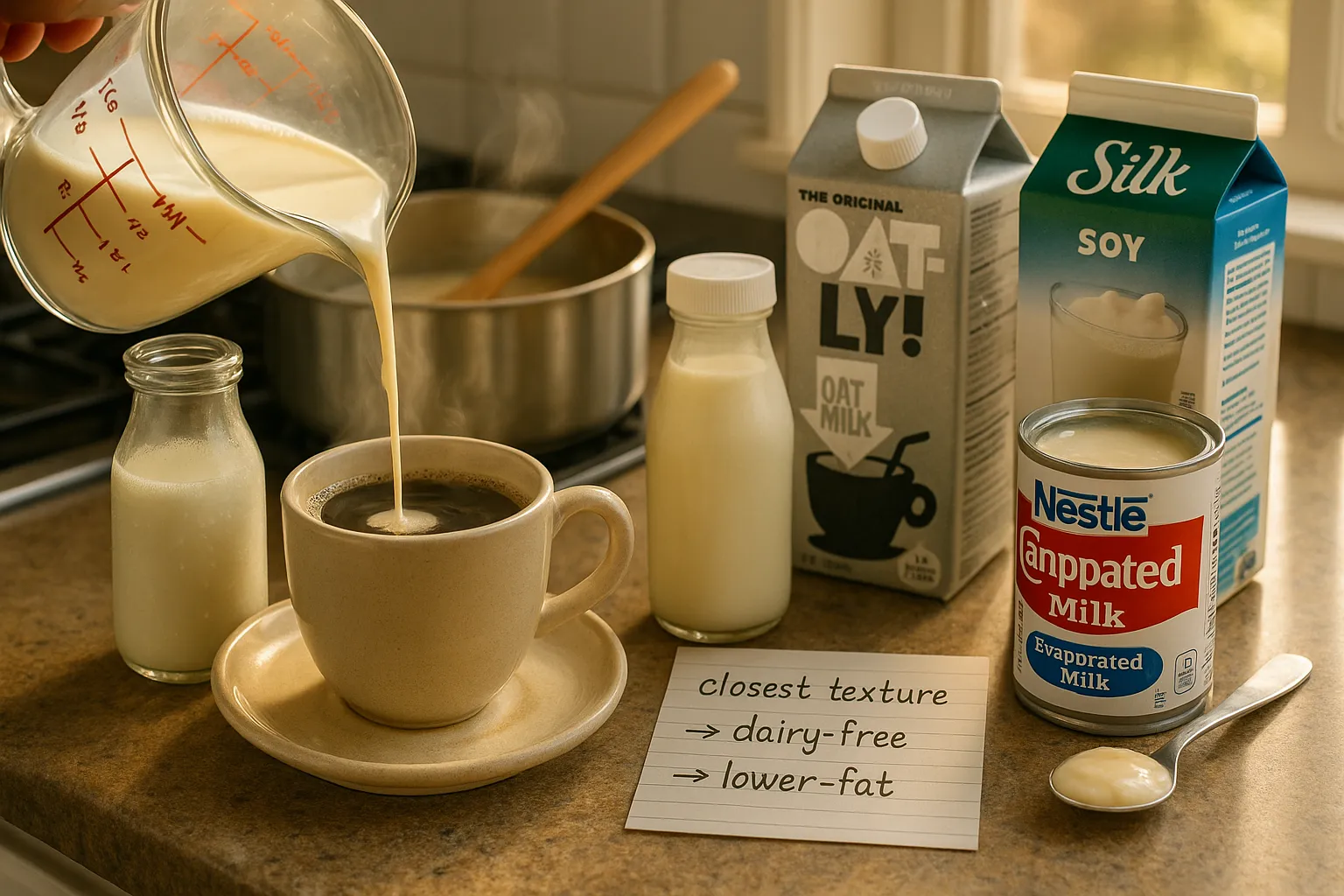 measuring cup pouring half-and-half into coffee surrounded by substitute containers