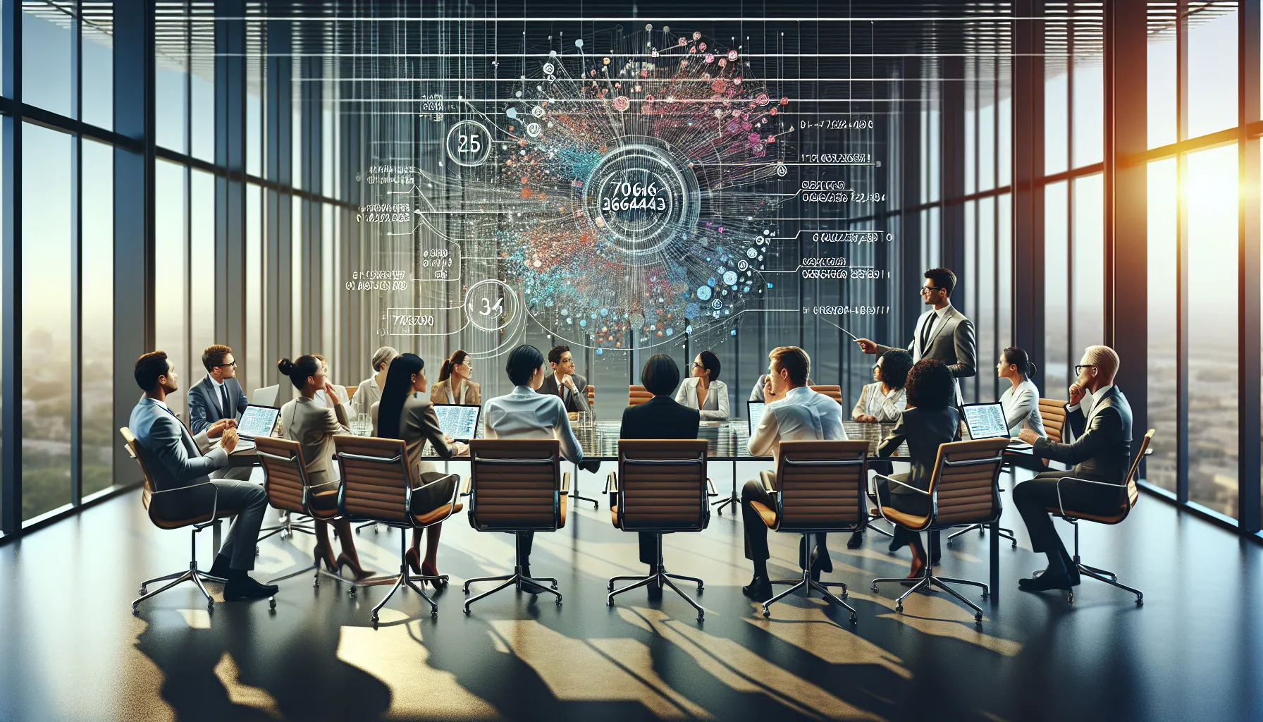 professionals discussing numerical concepts in a modern office setting.