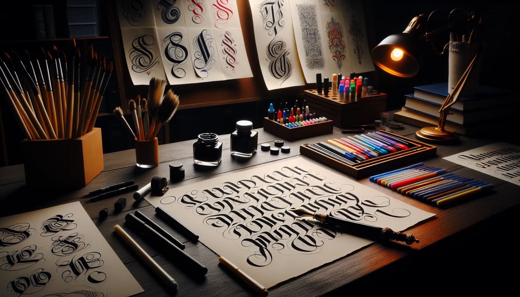 a desk with tools and examples of calligraphy and hand lettering