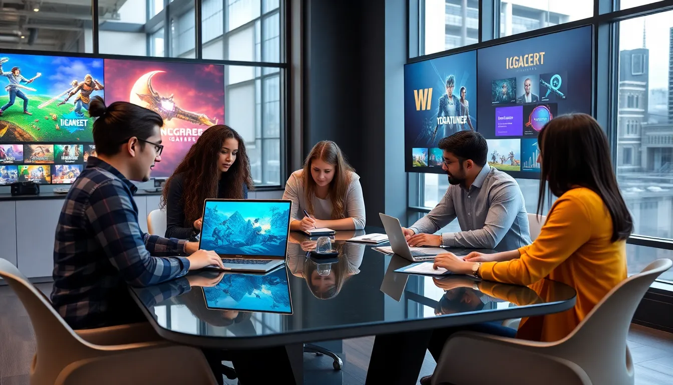 diverse team collaborating on game design in a modern office.