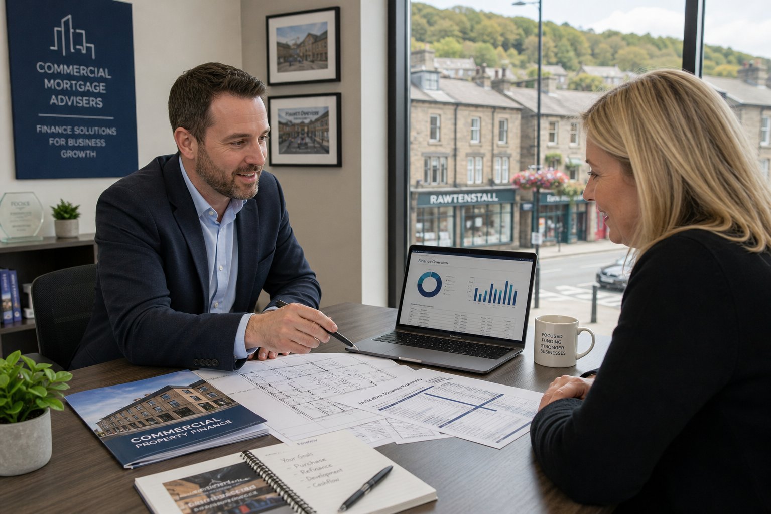 Business owner and adviser reviewing tailored commercial property finance options in a modern office with local property views.