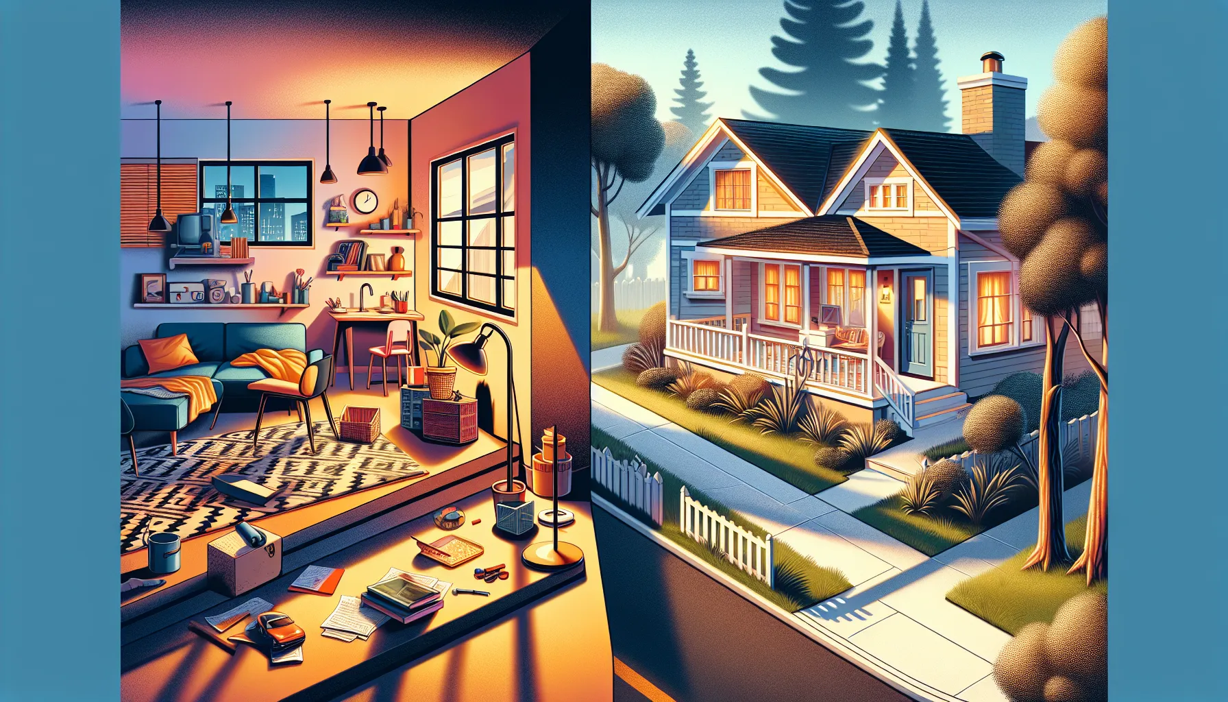 Comparison of a shared apartment and a standalone home in a suburban neighborhood.