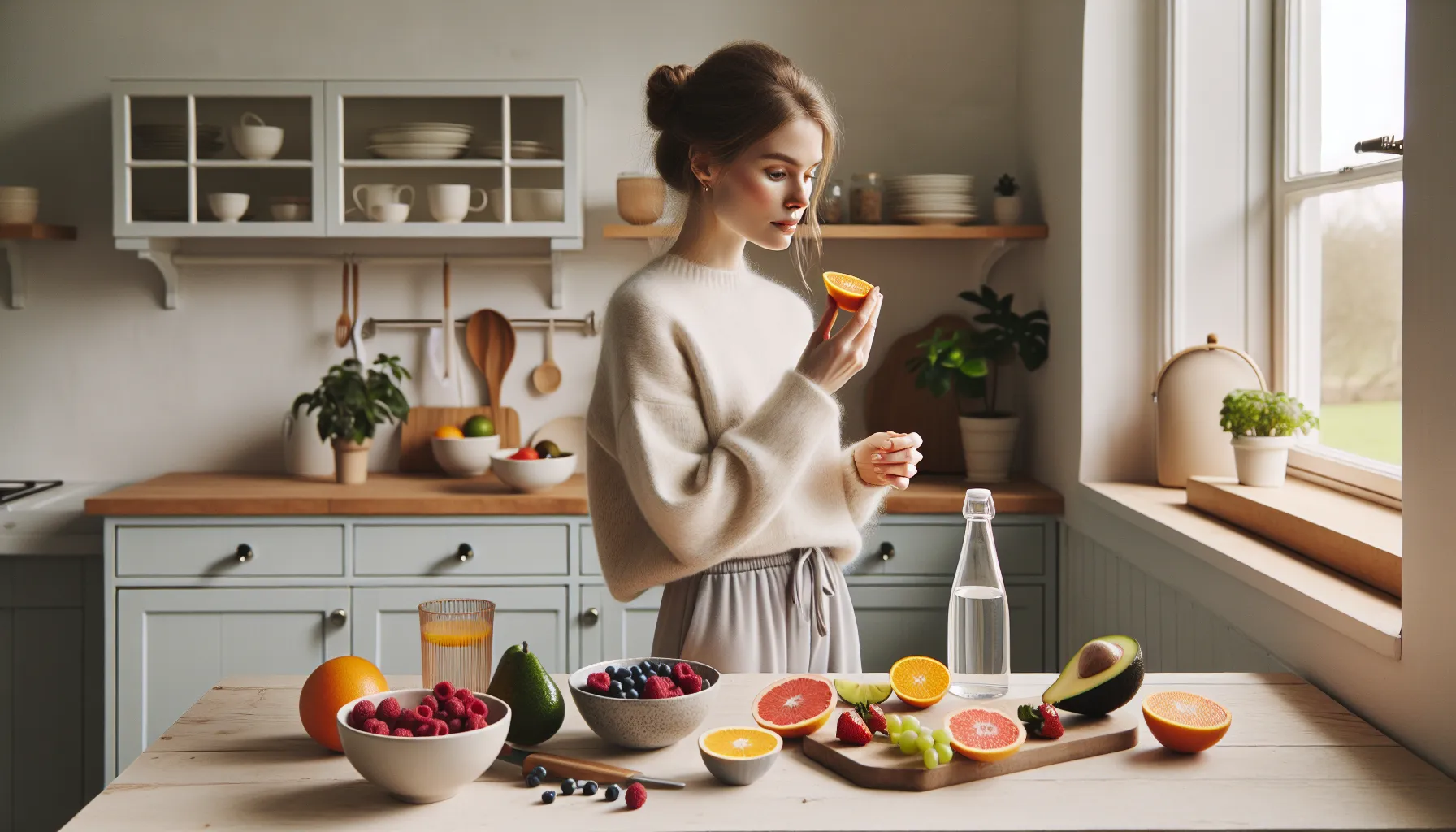 Young norwegian woman eating fresh fruit in a bright kitchen for healthy skin.