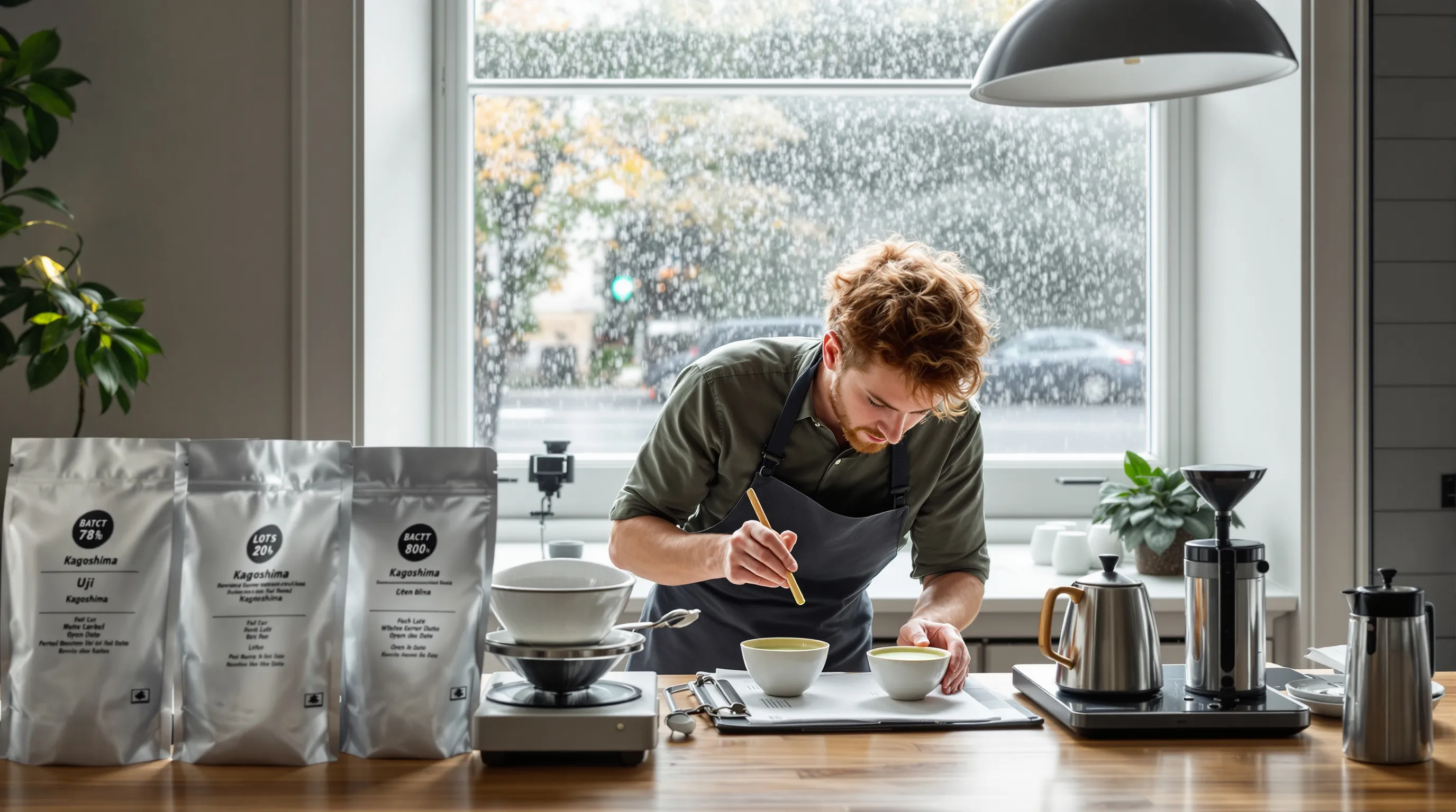Irish barista cupping matcha with white‑label pouches and an 80°C kettle.