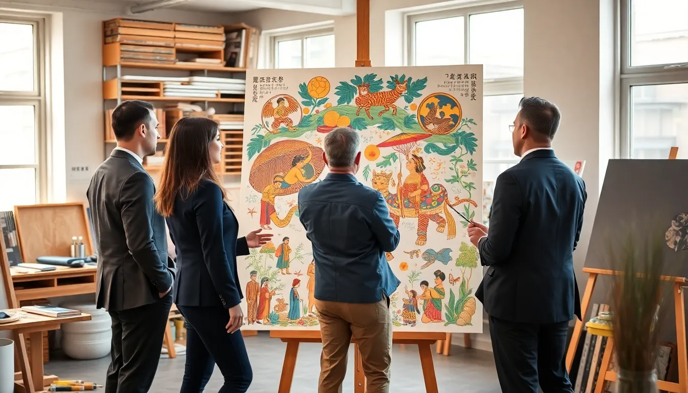 diverse professionals discussing art in a modern studio.