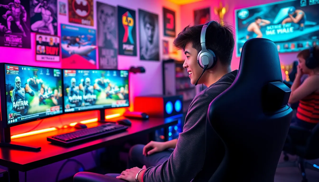 gamer streaming live with monitors and engaged audience in background.